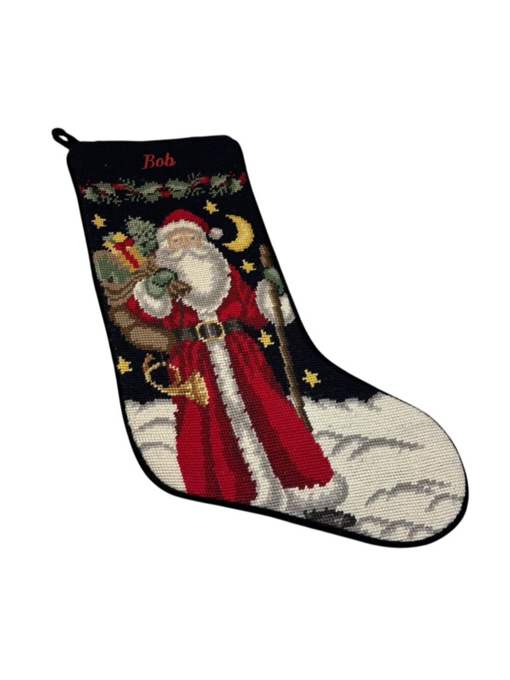 Vintage Christmas Stocking Needlepoint Monogram Bob Santa Claus Velvet Back